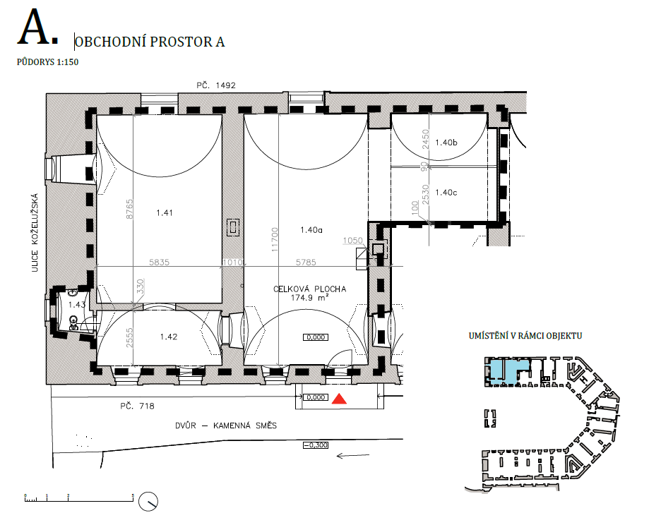 Půdorys jednotky A — obchodní prostor 175 m², přízemí, vstup z Koželužské ulice