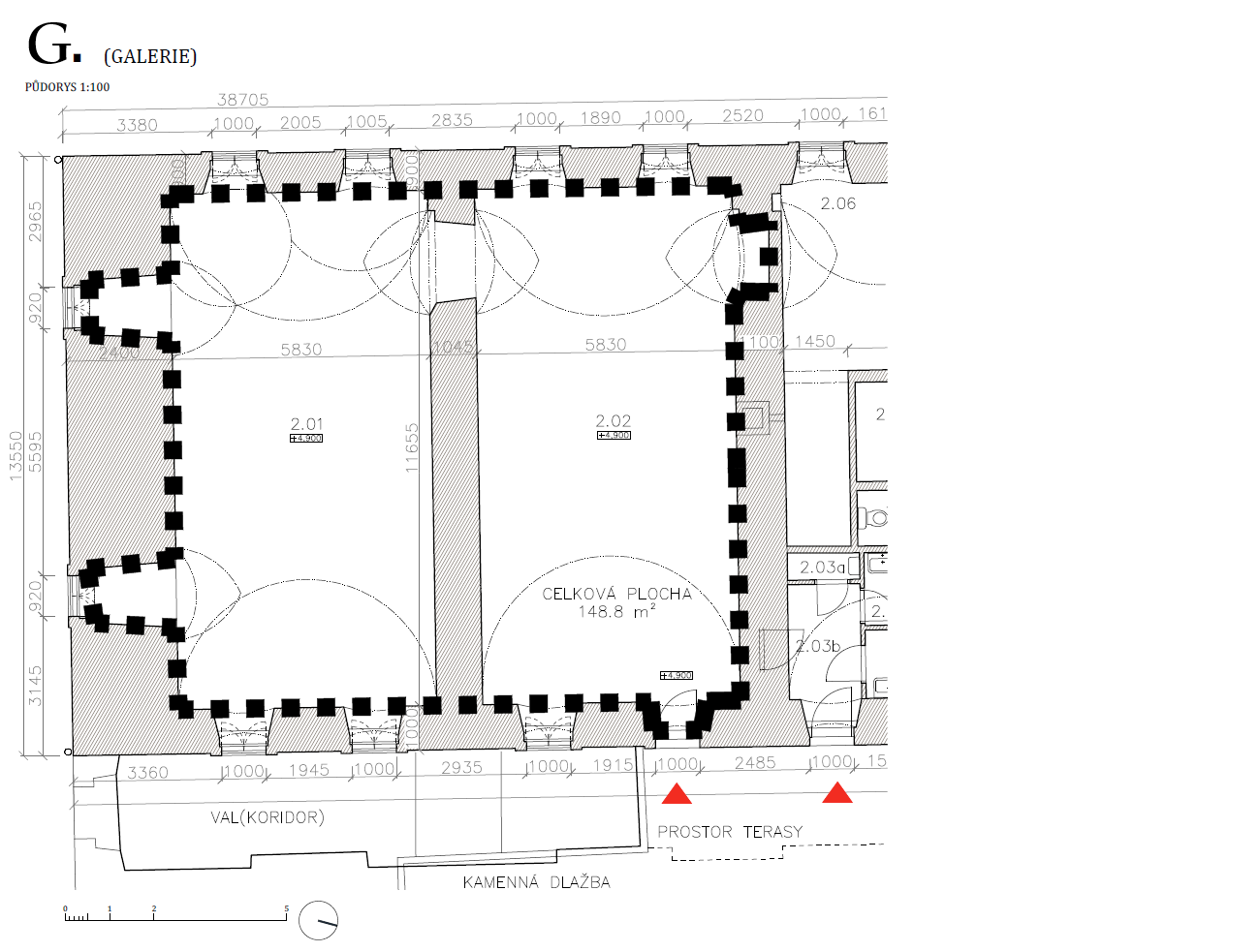Půdorys jednotky G — galerie 148,8 m², 2. NP, vstup z terasy