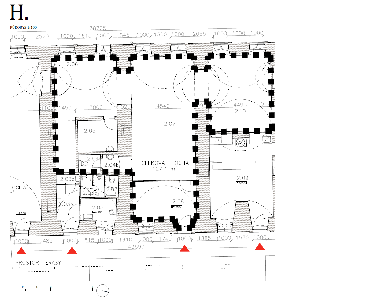 Půdorys jednotky H — apartmán/kanceláře 127,4 m², 2. NP, vstup z terasy